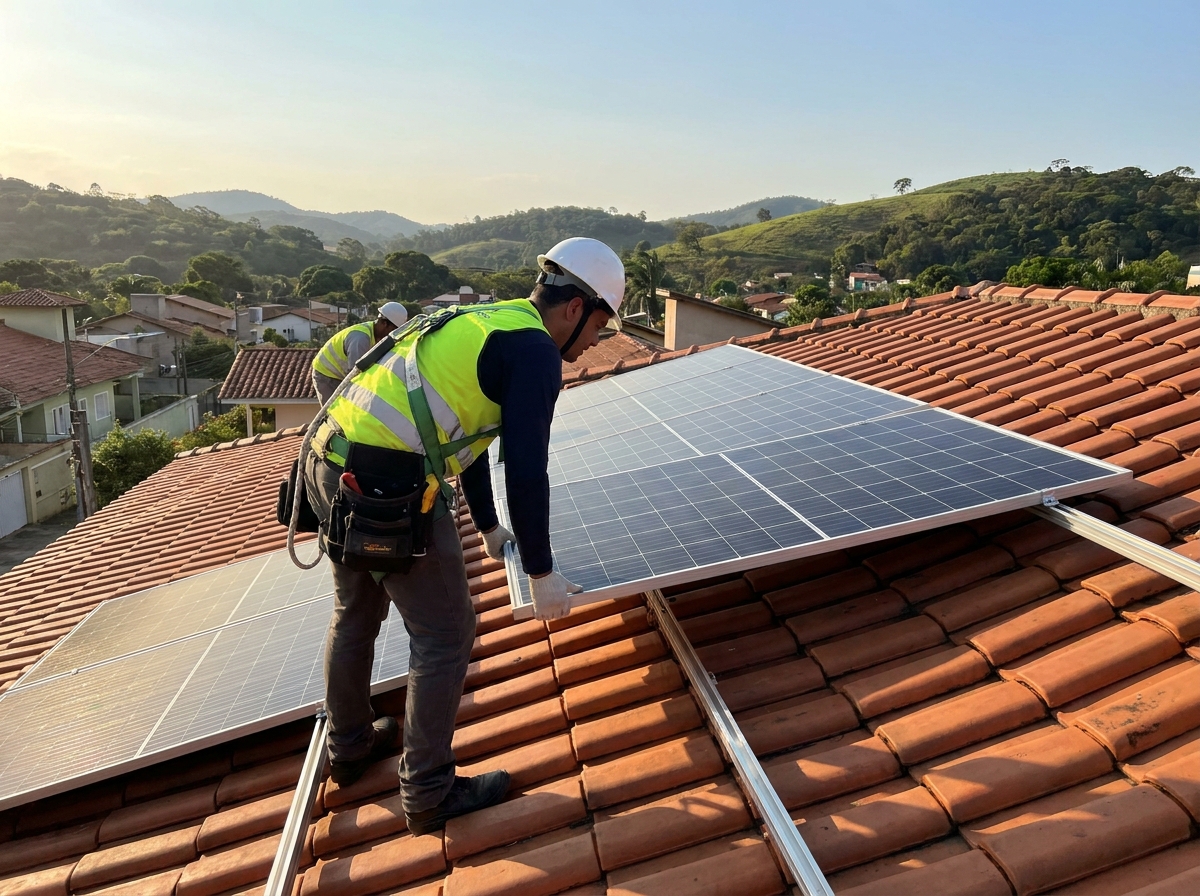 Técnico da MN Solar instalando painéis solares em telhado residencial